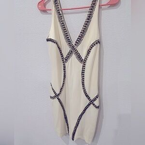 Bebe Cream Color Bodycon Mini Dress, Gold Studded Embellishments